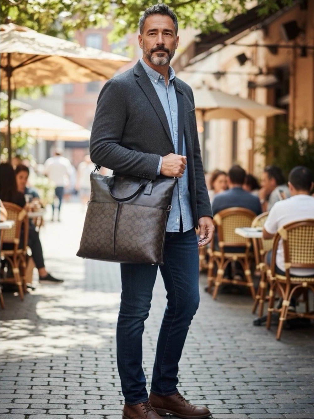 Coach Unisex Charles Chocolate Brown Signature C Fold Over Classic Work Bag.